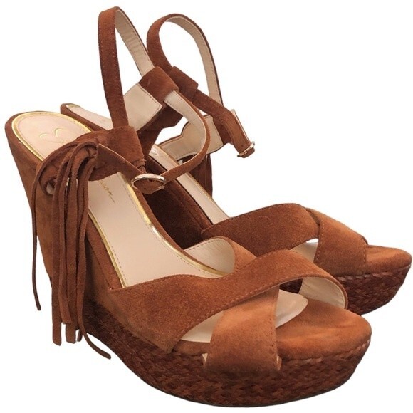 Jessica Simpson Suede Platform Wedge Sandals Tassel Ankle Strap Heels size 10 - Picture 3 of 12